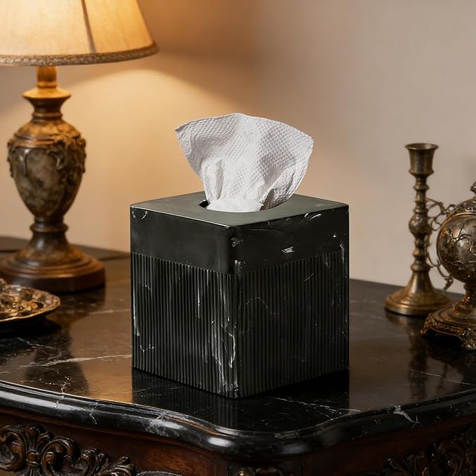 Tissue Box Cover Square Resin Tissue Holder for Home Decor, Hand Poured Marble Tissue Box Holder, 5 x 5 x 5.5 inches, Black