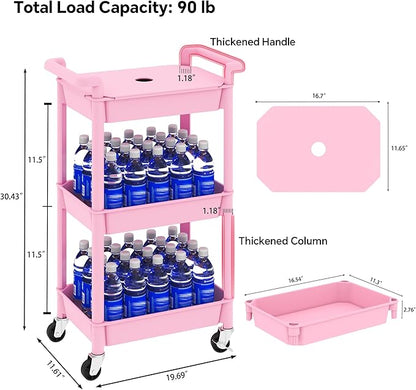 MIOCASA Utility Rolling Cart with Cover Top Board, 3-Tier Kitchen Storage Organization, Art Cart with Wheels for Office, Classroom, Livingroom, Kitchen, Bathroom (Pink, 3-Tier-Plastic)