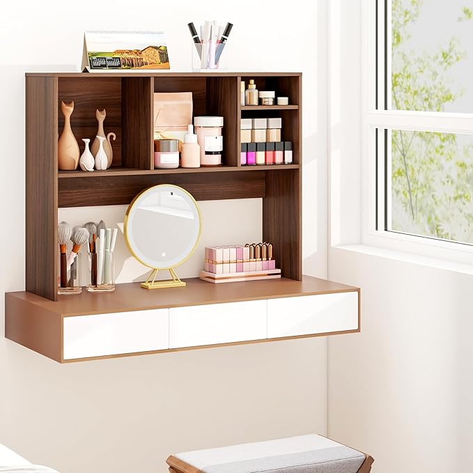 Desk Hutch, Desktop Shelf with 4 Shelves, Desk Bookshelf w/Anti-Toppling Devices, Wood Table Top Bookshelf Organizer, Small Desk Shelf for Study, Office, Dorm (Walnut, 4 Shelves)