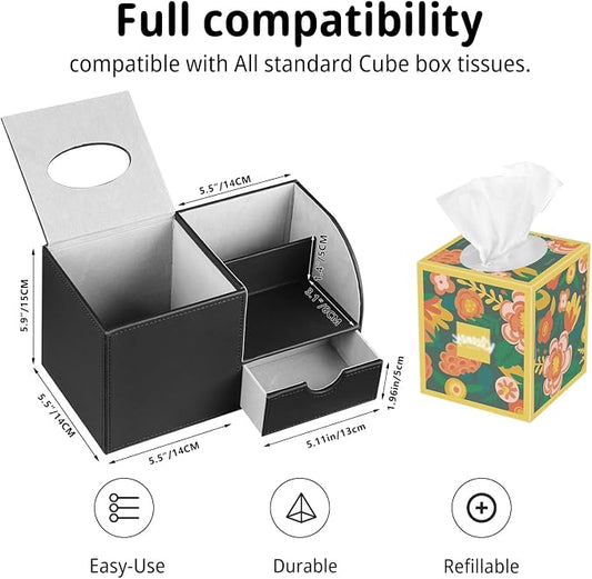PUSU Square Tissue Box Cover with Storage Drawer, PU Leather Facial Tissues Cube Boxes Holder, Modern Makeup Remote Control Holder, Nightstand Organizer Caddy for Bathroom Vanity, Office, Home Decor