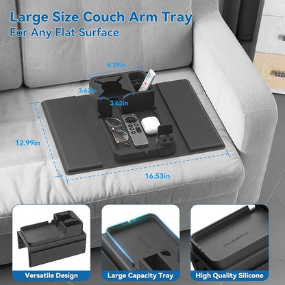 Couch Arm Cup Holder CLESOO Couch Arm Tray Anti-Slip Couch Cup Holder Silicone Sofa Armrest Tray Dual Side Pocket Couch Drink Holder Sofa Caddy Arm Remote Holder Snack Caddy with Phone Holder Black