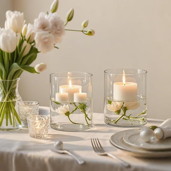 TBWIND 6Pcs Glass Cylinder Vases for Centerpieces, 6" x 4.7" Wide Mouth Flower Vase Hurricane Glass Candle Holders, Clear Vases Bulk with 2 Floral Tapes for Floating Candles Wedding Party Home Decor