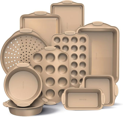 Country Kitchen Nonstick Stackable Bakeware Set - Heavy Duty, Durable, Easy Release Baking Set, Gold, 10 Pcs