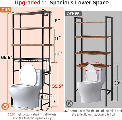 Over-The-Toilet Storage Shelves, 4-Tier Bathroom Organizer Shelf Over Toilet with Adjustable Feet Pad and Basket, Freestanding Space Saver Bathroom Storage Rack Above Toilet (Vintage Brown)
