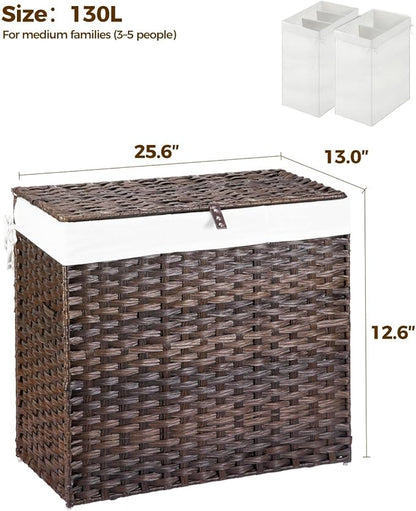 GREENSTELL Laundry Hamper with Wheels&Lid, 130L Large 3 Sections Clothes Hamper with 2 Types Removable Liner Bags, 5 Mesh Laundry Bags, Handwoven Divided Laundry Basket Brown