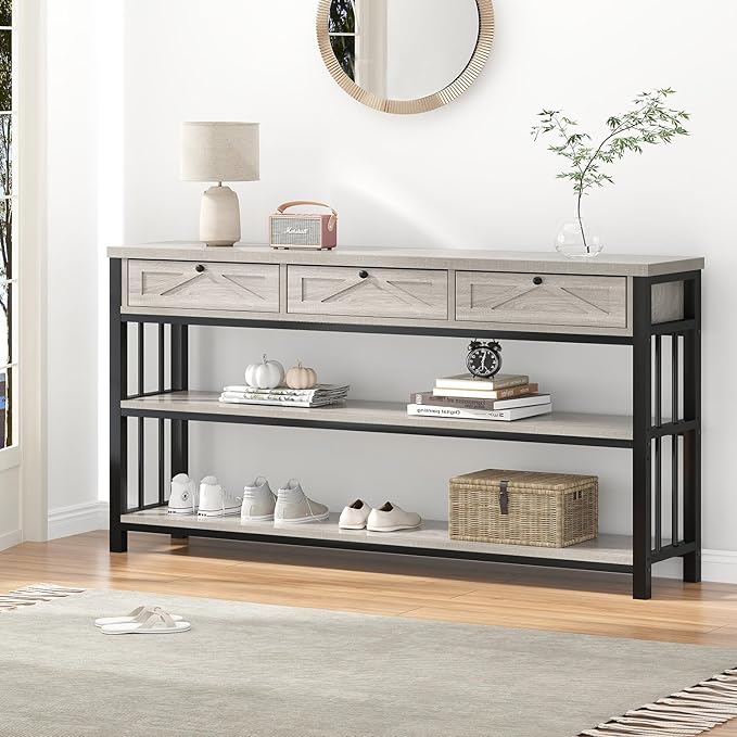HSH Sofa Table with 3 Drawers, 55" Entryway Table with Storage Shelf, Console Table with Drawers Behind Couch for Living Room, Farmhouse Wood Metal Front Door Table for Entry Hallway, Light Grey Oak