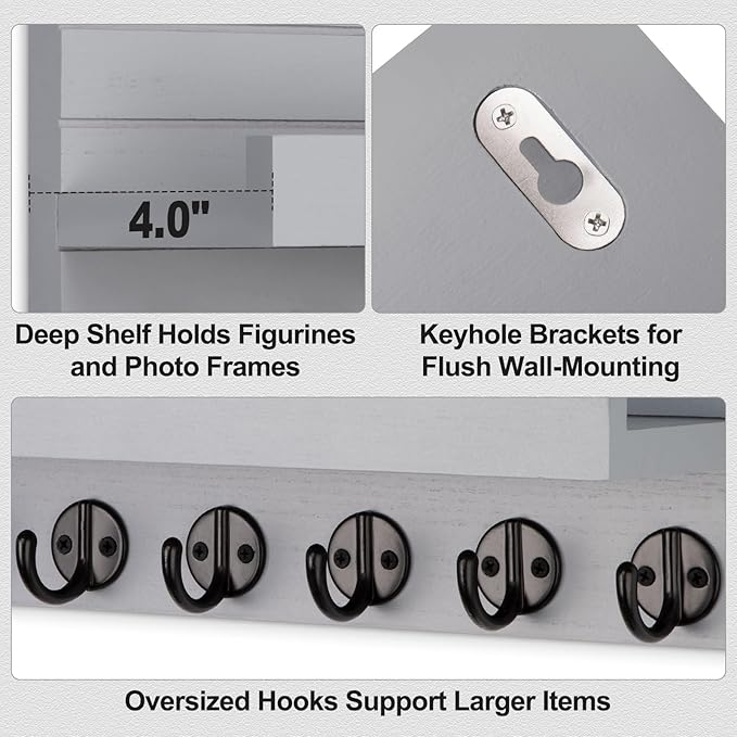 Key Holder Wall Mount, Entryway Key and Mail Holder with 7 Sturdy Hooks for Sunglasses, Dog Leash, Decorative Wall Shelf with Mounting Hardware, 15”W x 6.7”H x 4.2”D (Gray)