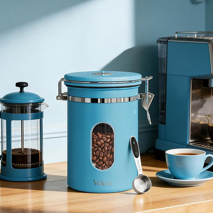 Veken Coffee Canister with Window, Airtight Stainless Steel Kitchen Food Storage Container with Lids, Date Tracker and Scoop for Ground, Beans, Tea, Flour, Cereal, Sugar Jars, 22OZ, Blue