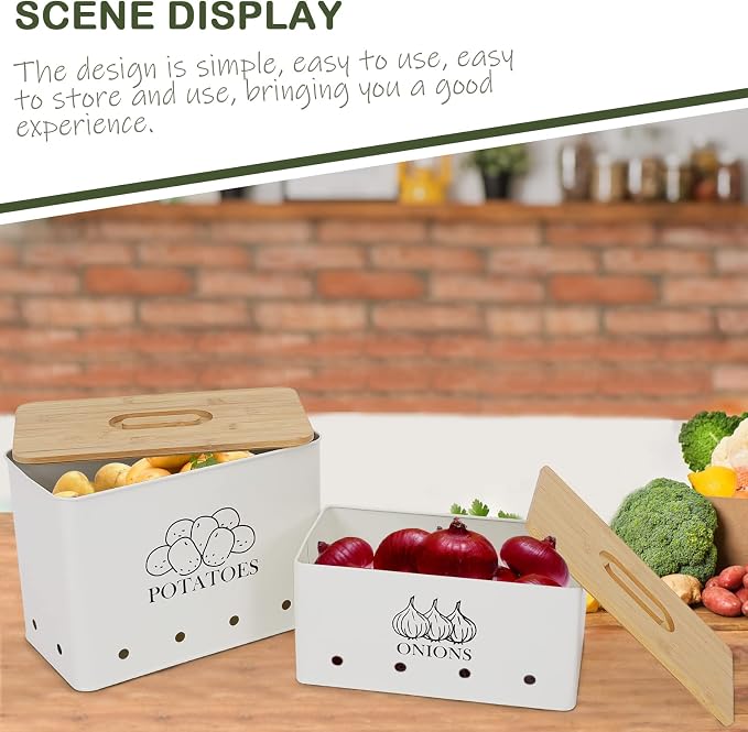 Potato and Onion Storage Bin Set of 2, Vented Metal Vegetable Storage with Wooden Lids, Farmhouse Kitchen Canisters for Countertop Pantry Organizer, Potato Bin Onion Holder for Produce Storage, White