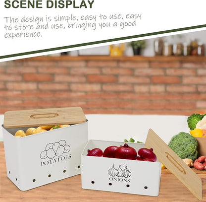 Potato and Onion Storage Bin Set of 2, Vented Metal Vegetable Storage with Wooden Lids, Farmhouse Kitchen Canisters for Countertop Pantry Organizer, Potato Bin Onion Holder for Produce Storage, White
