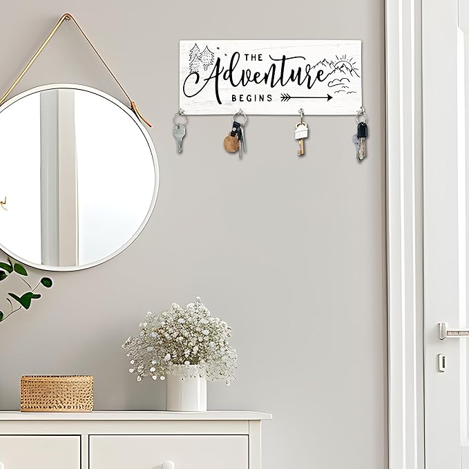 The Adventure Begins Wooden Key Holder for Wall - 5"x10" Key Organizer Hanger with 4 Hooks for Home Front Door Hallway Entryway Kitchen - Home Office Decor & Housewarming Gifts Supplies - A02