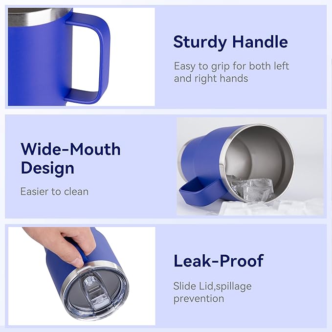 20oz Tumbler Bulk with Lid, Stainless Steel Tumbler Bulk with Handle, Metal Insulated Travel Coffee Mug Set with Handle, Double Wall Vacuum Leak Proof Tumbler Cup, Blue 12 Pack