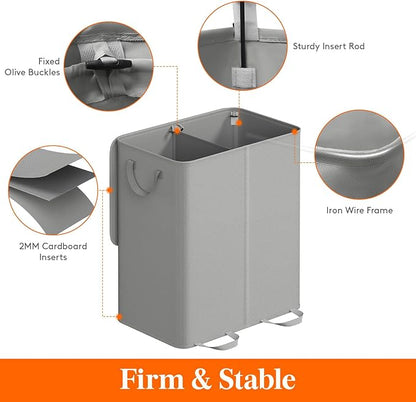 Lifewit Double Laundry Hamper with Lid and Removable Laundry Bags, Large Collapsible 2 Dividers Dirty Clothes Basket with Handles for Bedroom, Laundry Room, Closet, Bathroom, College, 155L Silver Gray