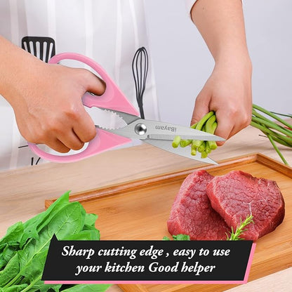 iBayam All Purpose Kitchen 2 Pack Heavy Duty Food Meat Poultry Shears with Protective Sheath, Dishwasher Safe, Comfort-Grip Cute Aesthetic Scissors Gift for Women Mom Wife Her Couple Pastel Pink