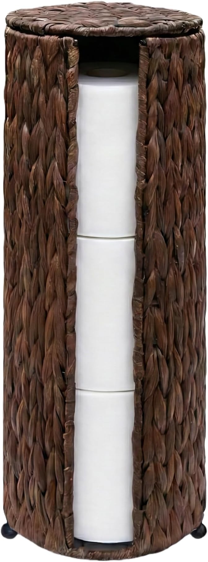 PINXIURY Water Hyacinth Paper Roll Holder, Wicker Toilet Paper Holder Stand for Bathroom, Toilet Roll Holder Stand for Bathroom and Under Sink, 3 Rolls of Toilet Paper Storage, Coffee