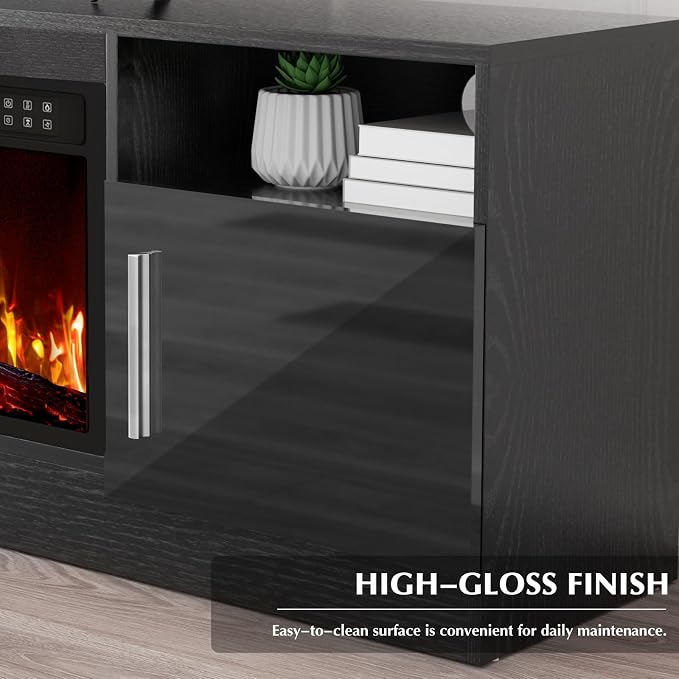 LEMBERI 70" Fireplace TV Stand for TVs up to 80", 36" Electric Fireplace 750W/1500W Entertainment Center with 20-Color LED, 300lbs Max Capacity High Gloss Storage Cabinet Console, Black