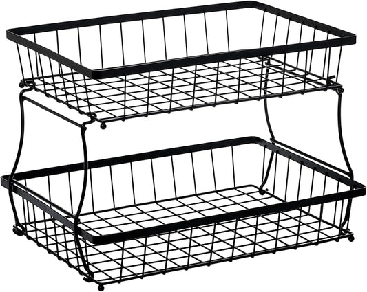 HOSY 2 Tier Steel Basket, Standing Storage Rack Ideas for Fruits, Vegetables, Bread, etc. (17-inch)