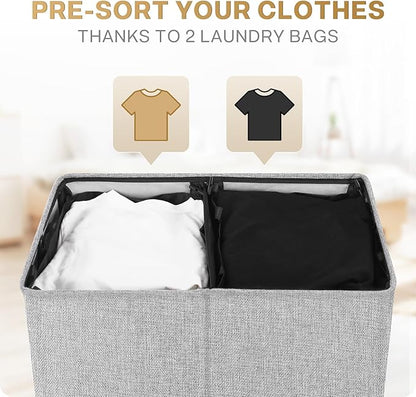 SOLEDI Double Laundry Hamper with Lid and Removable bag, Large Laundry Basket 2 Section with handles, Collapsible Dirty Clothes Hampers for Laundry, Bedroom, Dorm, College