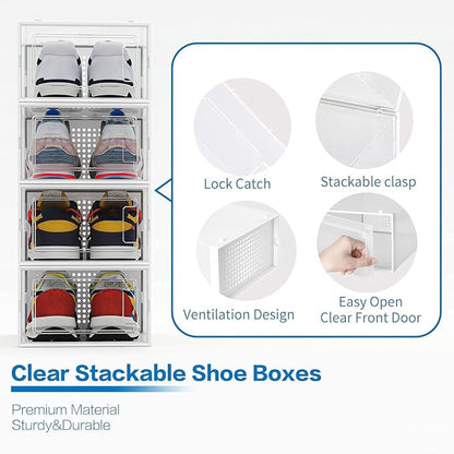 Seseno 12 Pack Shoe Organizer Storage Bins Clear Plastic Stackable Shoe Boxes for Closet, Space Saving Foldable Shoe Storage Case, Sneaker Storage Shoe Box Container