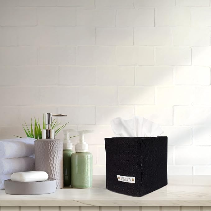 Stylish Tissue Box Cover - This Black Linen Holder Instantly Covers Your Square Tissue Boxes - The Perfect Cube Cover for Your Bathroom and Home