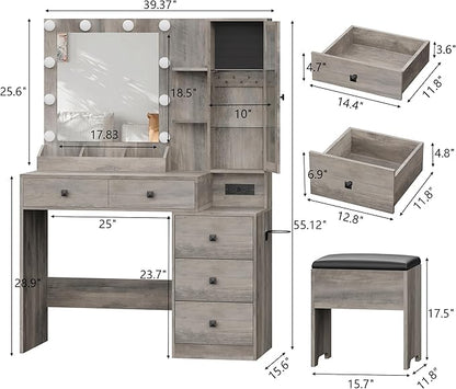 Vanity Desk with Mirror and Lights, Grey Makeup Vanity with 5 Drawers Hidden Jewelry Organizer& LED Glass Cabinet,3 Light Mode and Brightness Adjusted,Vanities Mirror with Lights Desk and Chair