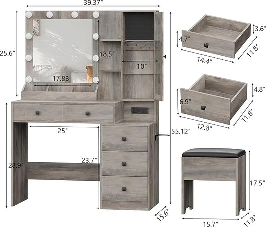 Vanity Desk with Mirror and Lights, Grey Makeup Vanity with 5 Drawers Hidden Jewelry Organizer& LED Glass Cabinet,3 Light Mode and Brightness Adjusted,Vanities Mirror with Lights Desk and Chair