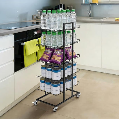 Water Bottle Organizer 5 Tier Water Bottle Holder Freestanding Storage Rack with Wheels Metal Drink Beverage Soda Can Organizer Shelf Stand for Floor Pantry Kitchen Classroom Food Storage, Black