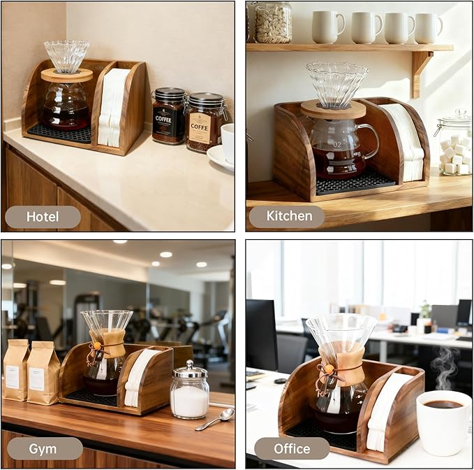 Acacia Wood Coffee Bar Station Organizer Stand, Wooden Pour Over Maker Caddy Storage Organizers, Coffee Filter Holder for Countertop with Heatproof Mat (9.4*7*5.1 inch) Glass Coffee Maker not included