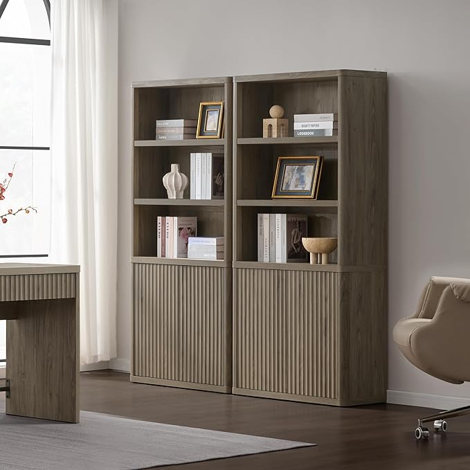 SICOTAS Book Shelf with Doors 71" Tall 6 Tier Bookshelf with Adjustable Shelves Fluted Booshelves & Bookcases Modern Book Case with Large Storage Display Cabinet for Living Room Home Office Bedroom