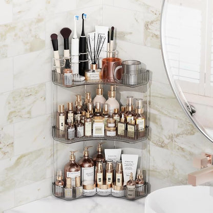 Asayuee 3-Tier Corner Bathroom Counter Organizer with Top Toothbrush Holders,Large Makeup Organizer Countertop with Brush Holder,Skincare Organizers Corner,Exquisite Vanity Organizer (Gray, 3 Tier)