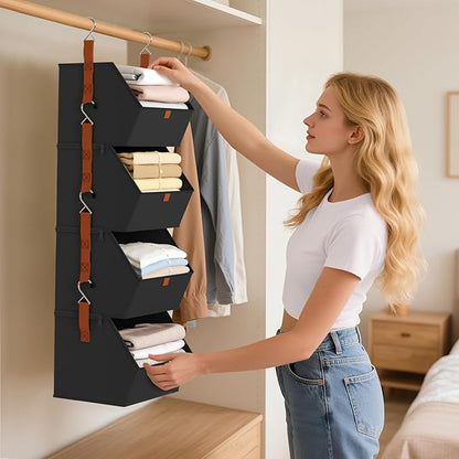 Hanging Closet Organizer 4 Tier - Clothes Hanging Shelves, Space-Saving Closet System, Fabric Storage Bins Bedroom Organization, Collapsible Baskets for Home, Dorm, Rv, Black