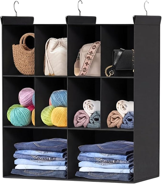 Ofiray-home 3 Tier Hanging Closet Organizer, 10 Compartments Sweater Organizer for Closet with 3 Sturdy Hooks, Closet Organizers and Storage, Wardrobe, Rv, Garment Rack, Black