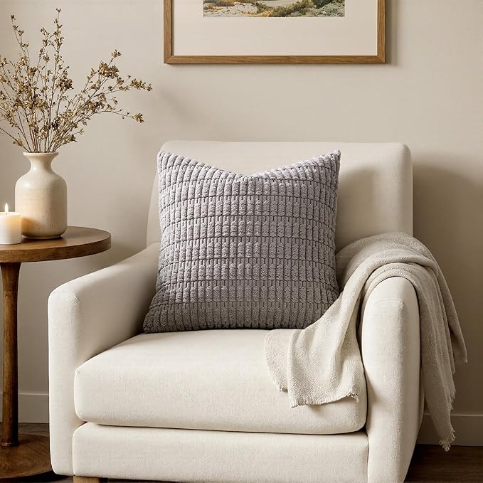 MIULEE Pack of 2 Corduroy Decorative Euro Sham Throw Pillow Covers 26x26 Inch Soft Boho Striped Pillow Covers Modern Farmhouse Home Decor for Sofa Living Room Couch Bed Light Grey