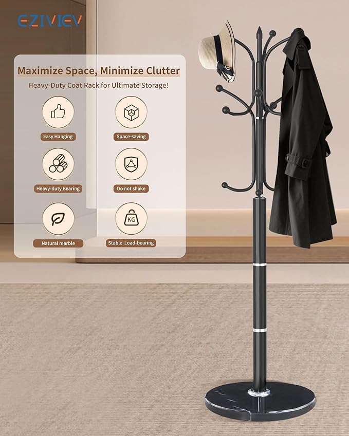 EZIVIEZ Modern Coat Rack Stand, Metal Freestanding Coat Rack with Natural Marble Base, Heavy-Duty Coat Racks with 12 Hooks,Black Coat Hanger Tree Stand for Office, Entryway, Hallway