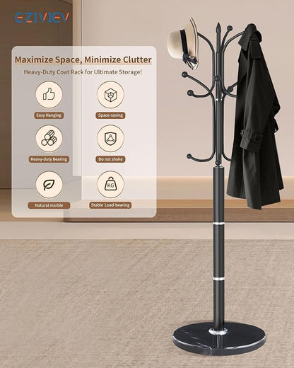 EZIVIEZ Modern Coat Rack Stand, Metal Freestanding Coat Rack with Natural Marble Base, Heavy-Duty Coat Racks with 12 Hooks,Black Coat Hanger Tree Stand for Office, Entryway, Hallway