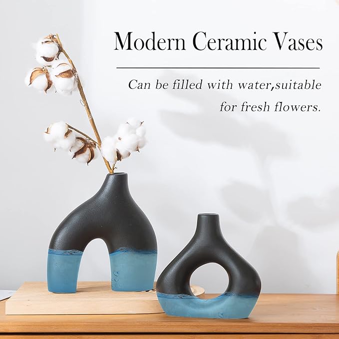 BLACK Ceramic Vase Set of 2 for Modern Home Decor, Round Matte Donut Vases for Pampas Grass, Neutral Boho Nordic Minimalism Style Flower Vases for Living Room Wedding Dinner Table Party Office Bedroom