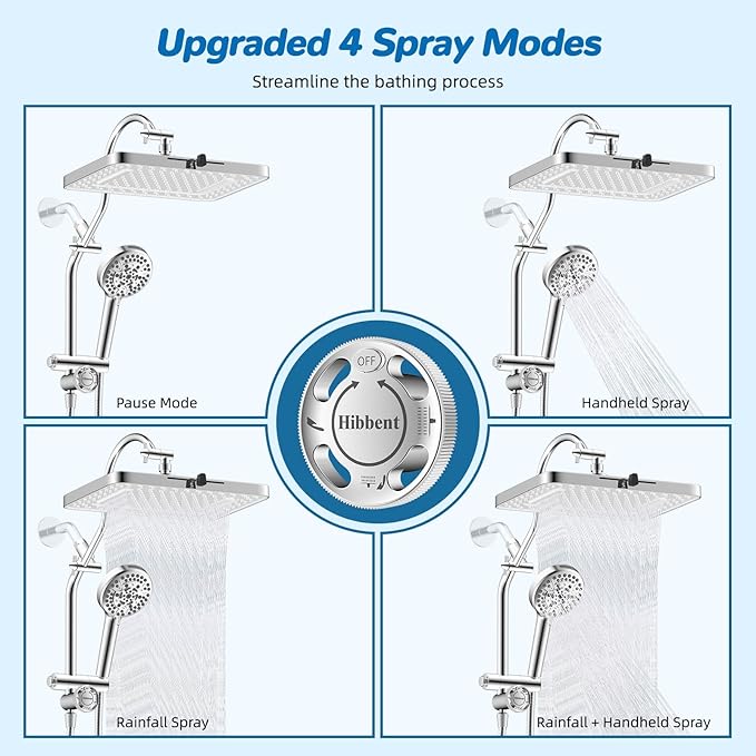 Hibbent cUPC Certified 13'' Shower Head Combo, High Pressure 5 Spray White Rainfall Showerhead, 10 Spray Handheld, All Metal Easy Reach 4-way Diverter Arm with Pause Mode, 71'' Hose and Holder, Chrome