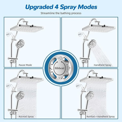 Hibbent cUPC Certified 13'' Shower Head Combo, High Pressure 5 Spray White Rainfall Showerhead, 10 Spray Handheld, All Metal Easy Reach 4-way Diverter Arm with Pause Mode, 71'' Hose and Holder, Chrome