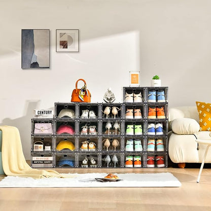 Amllas 10 Pack Shoe Boxes Stackable,Upgraded Sturdy Storage Boxes with Clear Magnetic Door,Multifunctional Sneaker Organizer Fit up to US Size 12 (13.8”x 9.84”x 7.1”)