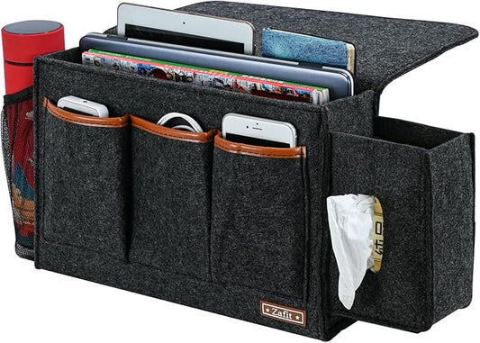 Zafit Bedside Caddy, Large Size Storage Organizer - Bedside Organizer for Magazine, Remotes, Phone (13.4'' x 18.1'' Tissue Box Holder, Dark Grey)