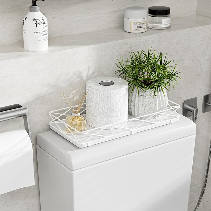 Toilet Paper Basket Holder, 13" Bathroom Tray Countertop, Wood and Metal Toilet Tank Tray Bathroom Vanity Organizer for Toiletry, Kitchen Sink Organizer for Soap Dispenser (White)