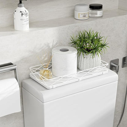 Toilet Paper Basket Holder, 13" Bathroom Tray Countertop, Wood and Metal Toilet Tank Tray Bathroom Vanity Organizer for Toiletry, Kitchen Sink Organizer for Soap Dispenser (White)