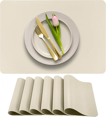 More Décor Faux Leather Placemats Set of 6 for Dining Table – Waterproof, Wipeable, Washable, Stain & Heat Resistant, Non-Slip Table Mats – 12 X 17 Inch, (Solid Ivory, 6)