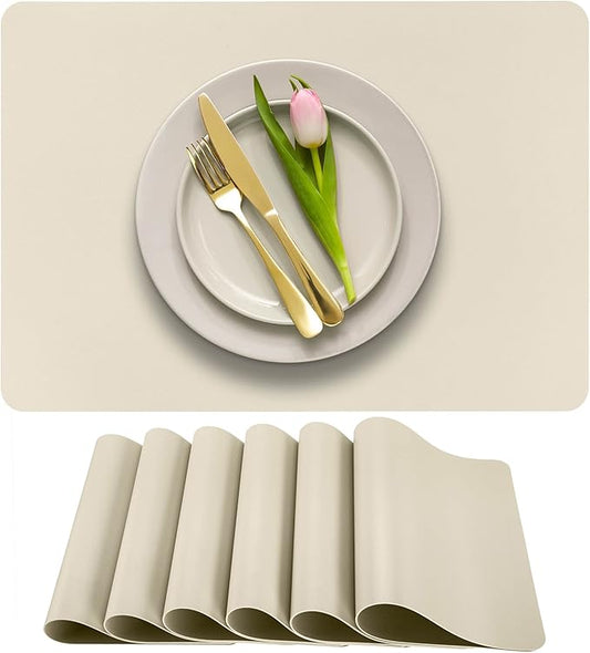 More Décor Faux Leather Placemats Set of 6 for Dining Table – Waterproof, Wipeable, Washable, Stain & Heat Resistant, Non-Slip Table Mats – 12 X 17 Inch, (Solid Ivory, 6)