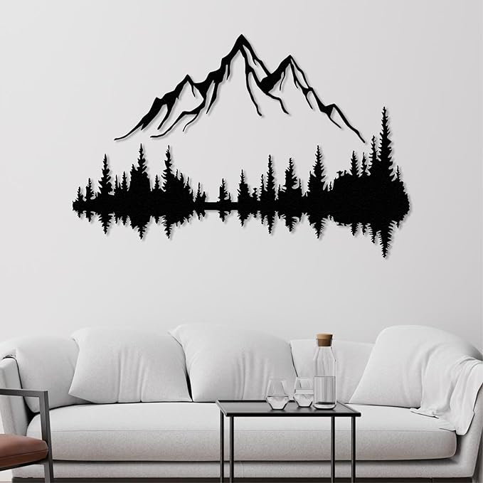 Wita Home Mountain and Forest Metal Wall Art, Wall Mounted Home Decor, Pine Trees and Nature Wall Art for Living Room, Bedroom or Office, Large Outdoor Wall Decor, Nature Christmas Decor (Black Mountain-Black Forest, 56x37 inches)