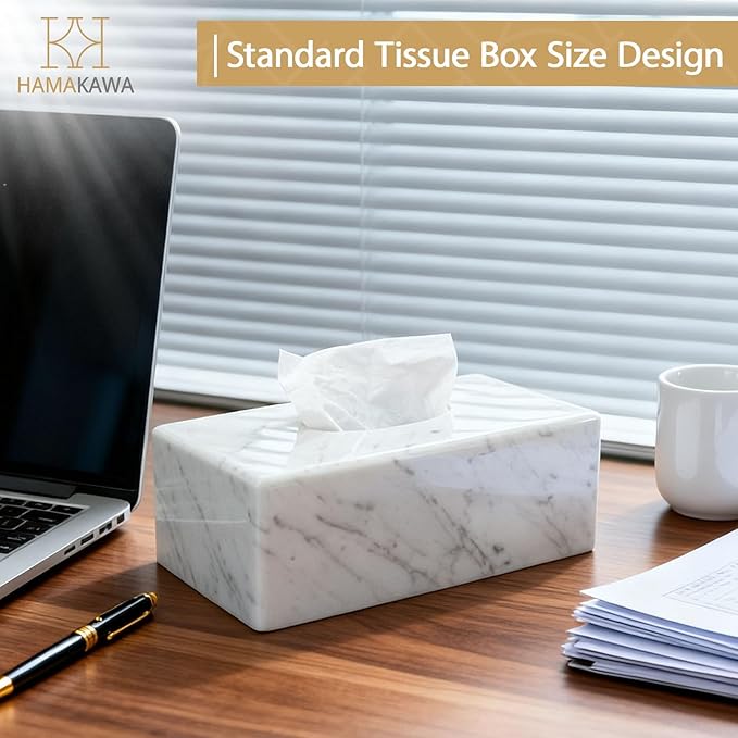 HAMAKAWA Natural Marble Tissue Box Cover, Carrara White Tissue Organizer 10 x 5.7 x 3.5 inch, Heavy Stone Decorative Box, Rectangle Tissue Box Holder for Home Decor, Kitchen, Bathroom, Bedroom