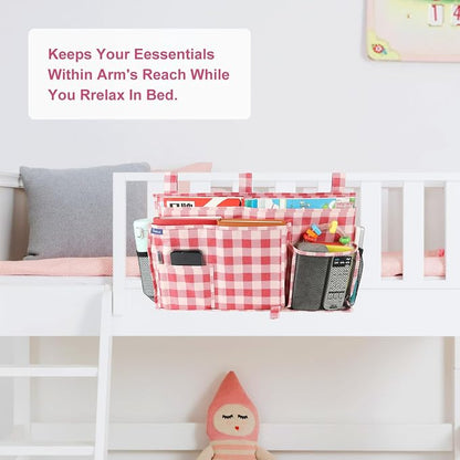 Surblue Bedside Caddy Hanging Bed Organizer Storage Bag Pocket for Bunk and Hospital Beds, College Dorm Rooms Baby Bed Rails, Camp 8 Pockets, (Large, Red Plaid)