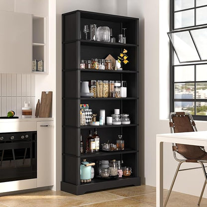 TVU 6-Tier Wooden Bookshelf, 77.2" Tall Farmhouse Style Open Bookcase, 31.5" W Standing Book Shelf with Storage, Suitable for Study, Living Room, Office, Blcak