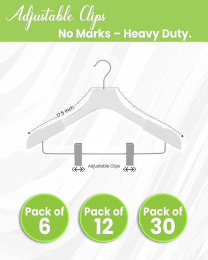 Wooden Hangers with Clips for Women, Solid Wood Skirt & Suit Hangers, Heavy-Duty Adjustable Non-Slip Design with Velvet Grip, White with White Velvet, 12 pcs