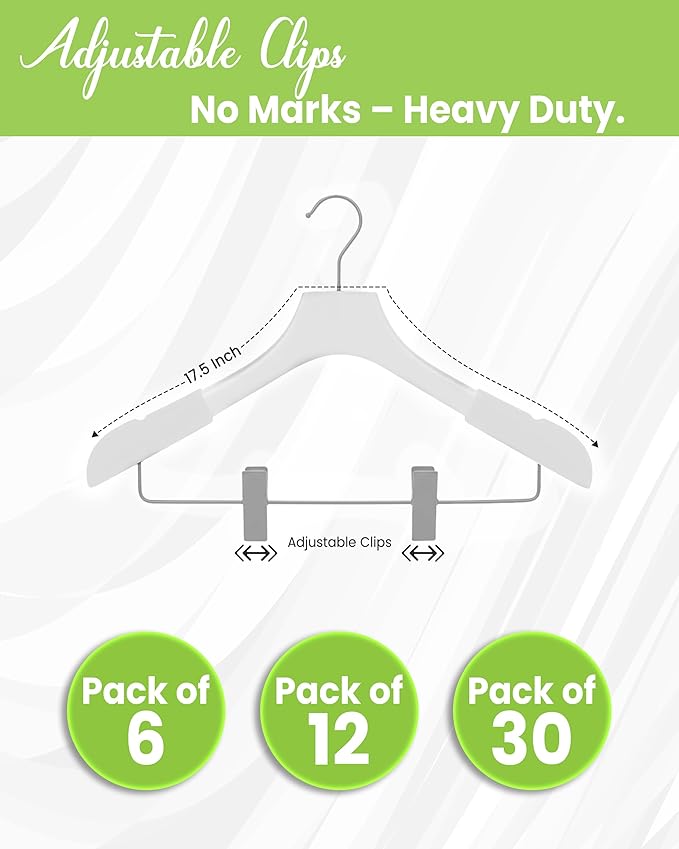 Wooden Hangers with Clips for Women, Solid Wood Skirt & Suit Hangers, Heavy-Duty Adjustable Non-Slip Design with Velvet Grip, White with White Velvet, 6 pcs